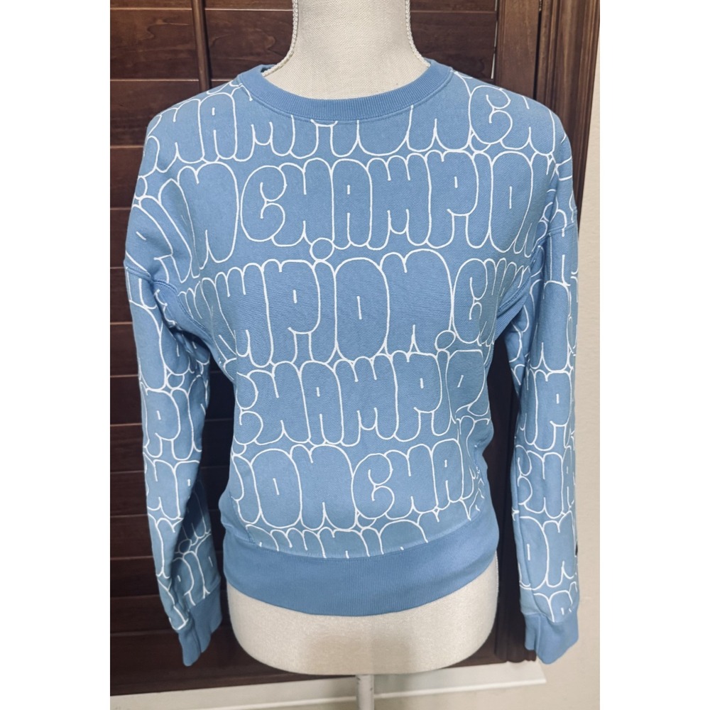 Champion Reverse Weave Sweatshirt Womens XS Light Blue Logo Spellout AOP